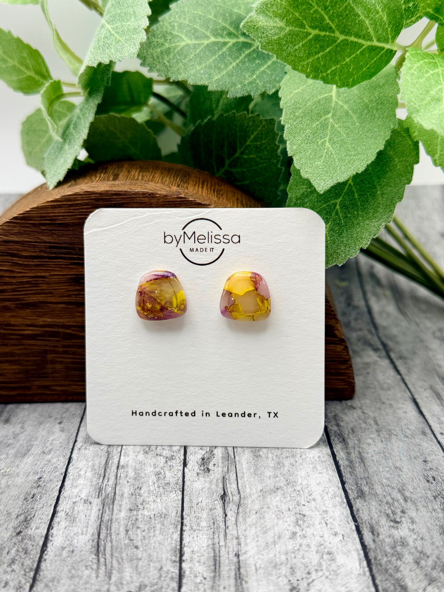 Purple and Gold Small Embedded Polygon Stud Earrings