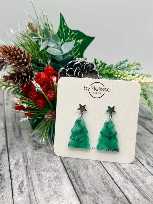Green Christmas Tree Earrings with Silver Star Studs