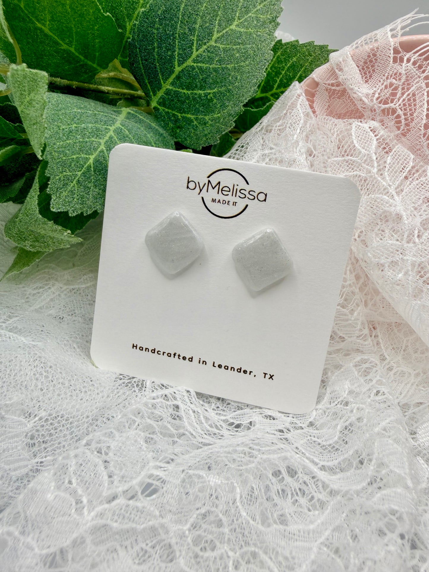 White and Silver Rounded Square Stud Earrings