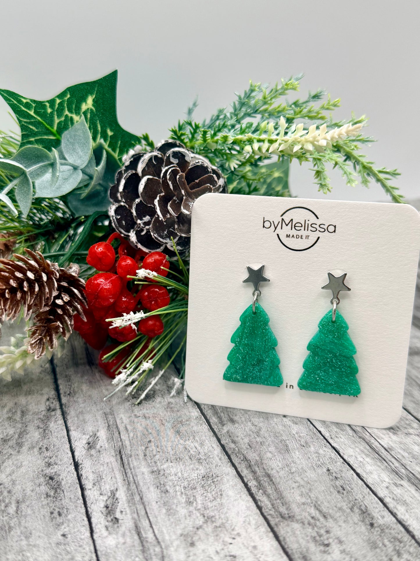 Green Christmas Tree Earrings with Silver Star Studs