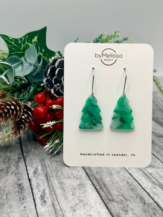 Green Christmas Tree Drop Earrings in Silver