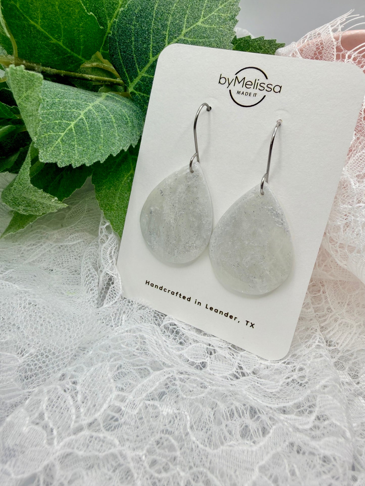 White and Silver Small Wide Teardrop Drop Earrings
