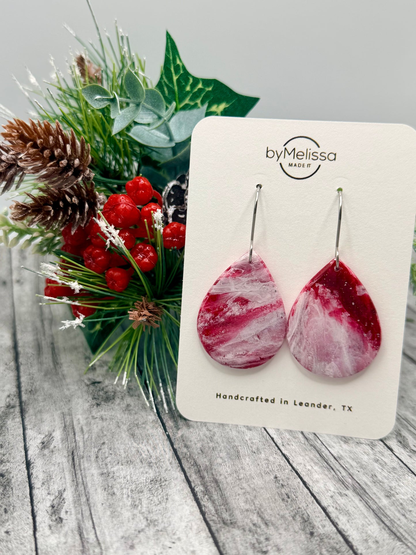 Red and White Small Wide Teardrop Drop Earrings in Silver