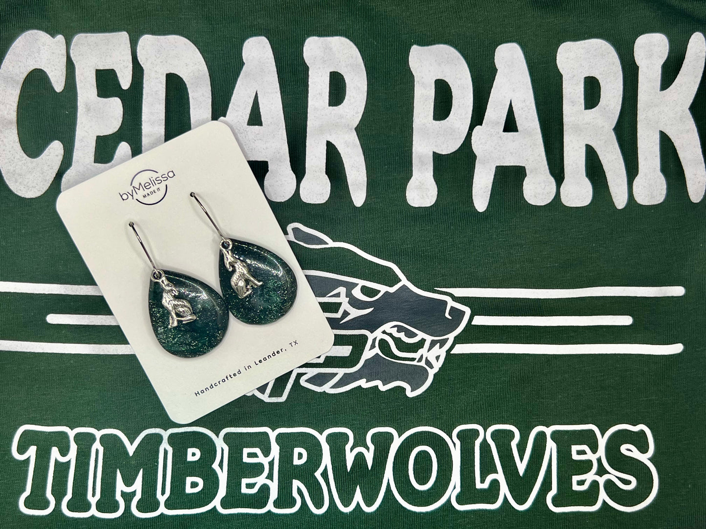 Cedar Park High School earrings, green and black CPHS spirit jewelry, Timberwolves game day accessory