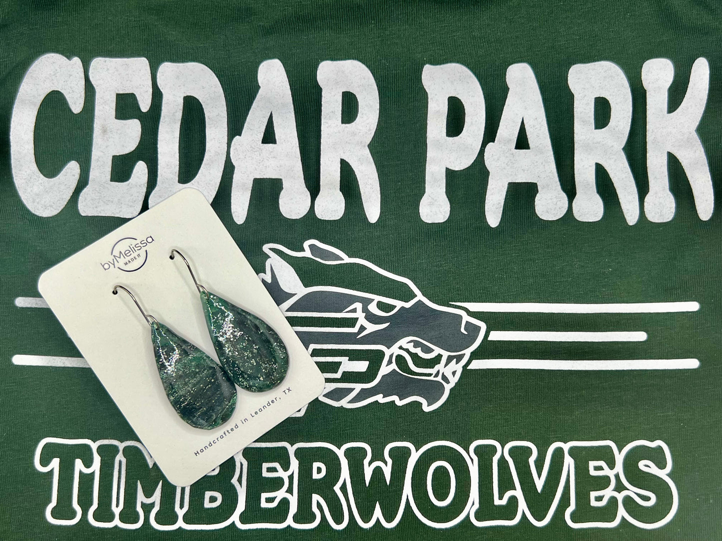 Cedar Park High School earrings, green and black CPHS spirit jewelry, Timberwolves game day accessory