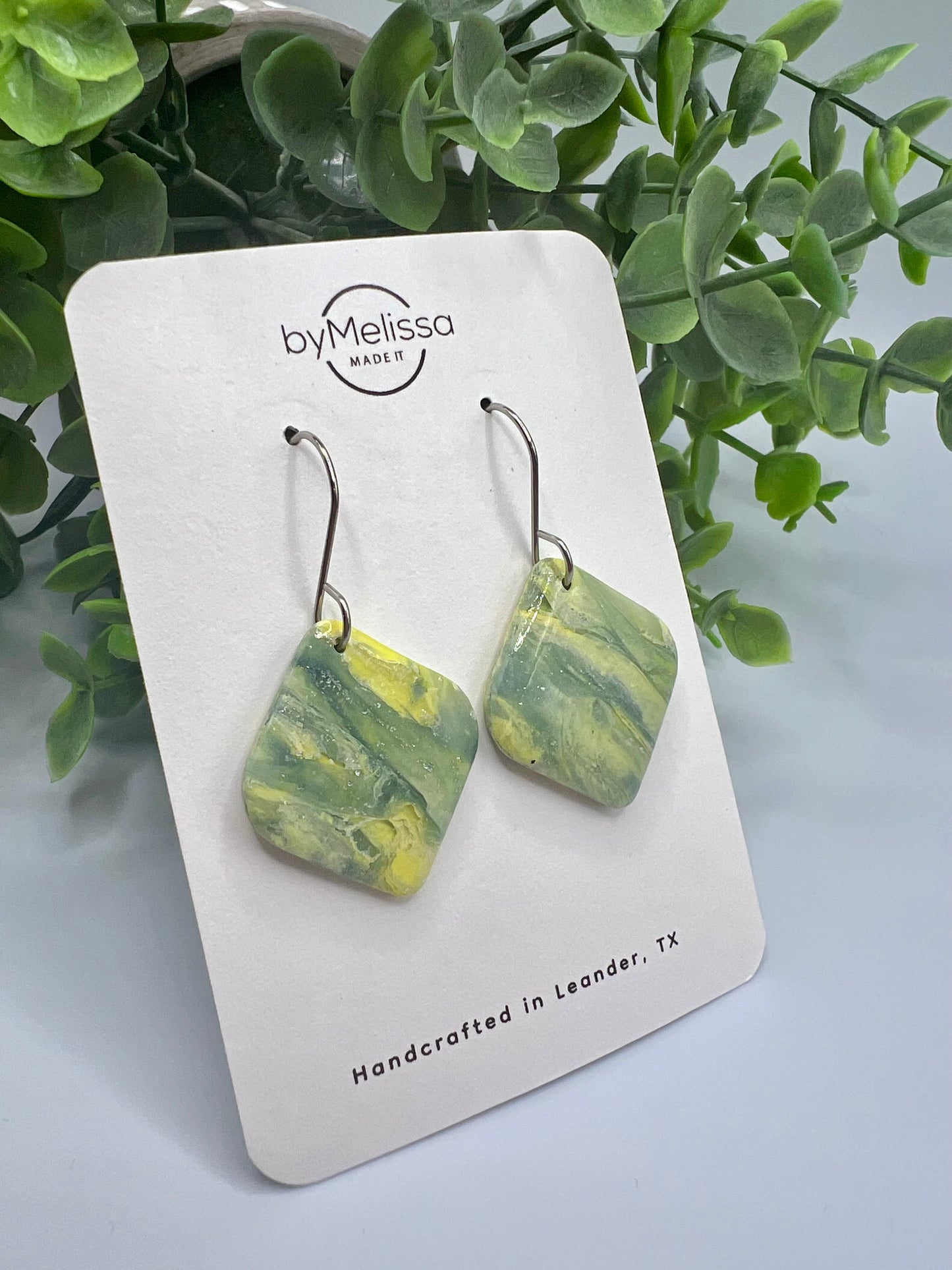 Yellow and Sage Small Rounded Square Drop Earrings in Silver