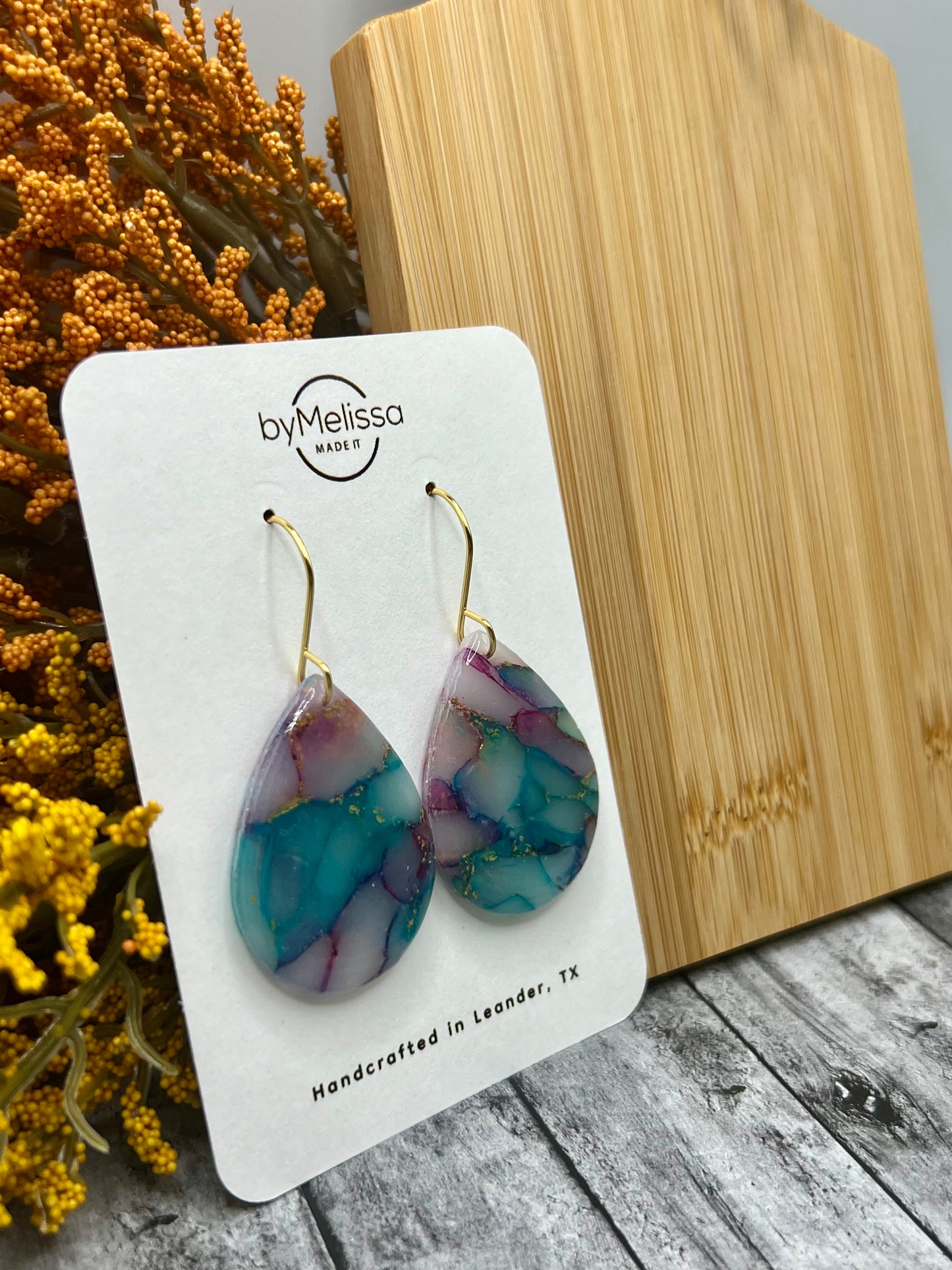 Teal and Plum Small Wide Teardrop Drop Earrings in Gold