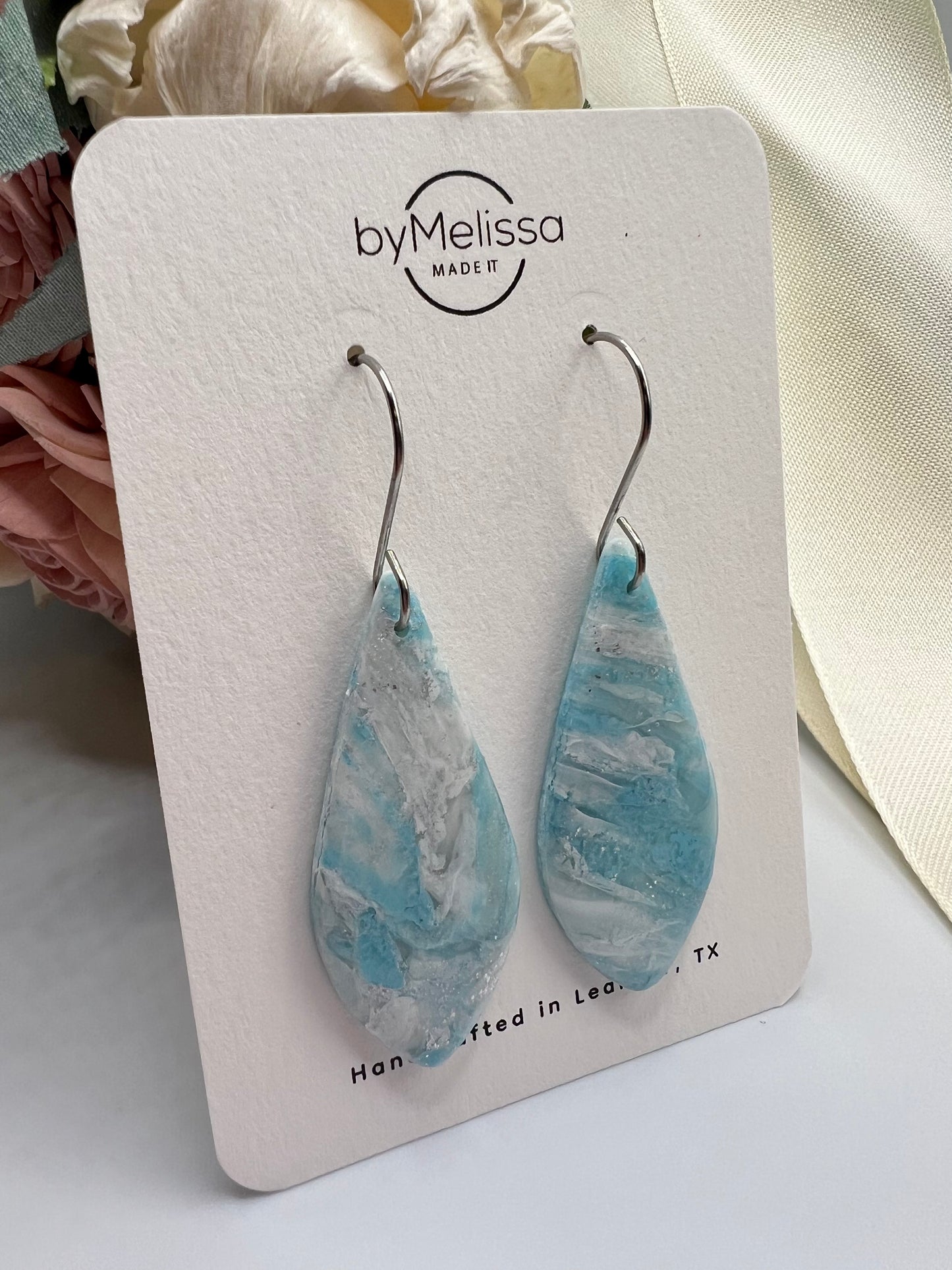Crystal Blue and White Small Elongated Kite Drop Earrings in Silver