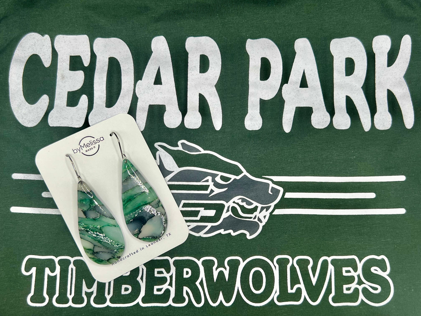 Cedar Park High School earrings, green and black CPHS spirit jewelry, Timberwolves game day accessory