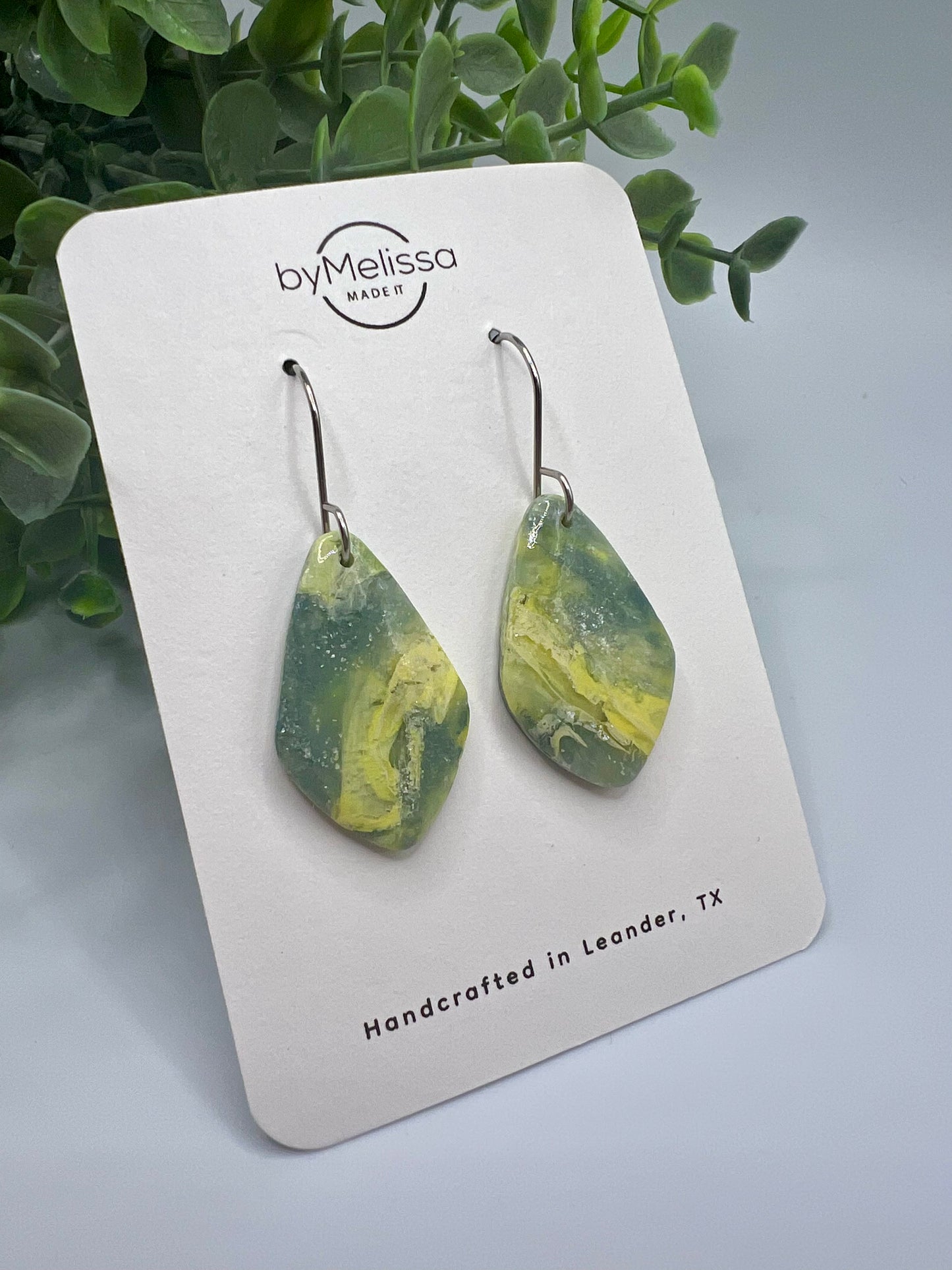 Yellow and Sage Small Kite Drop Earrings in Silver