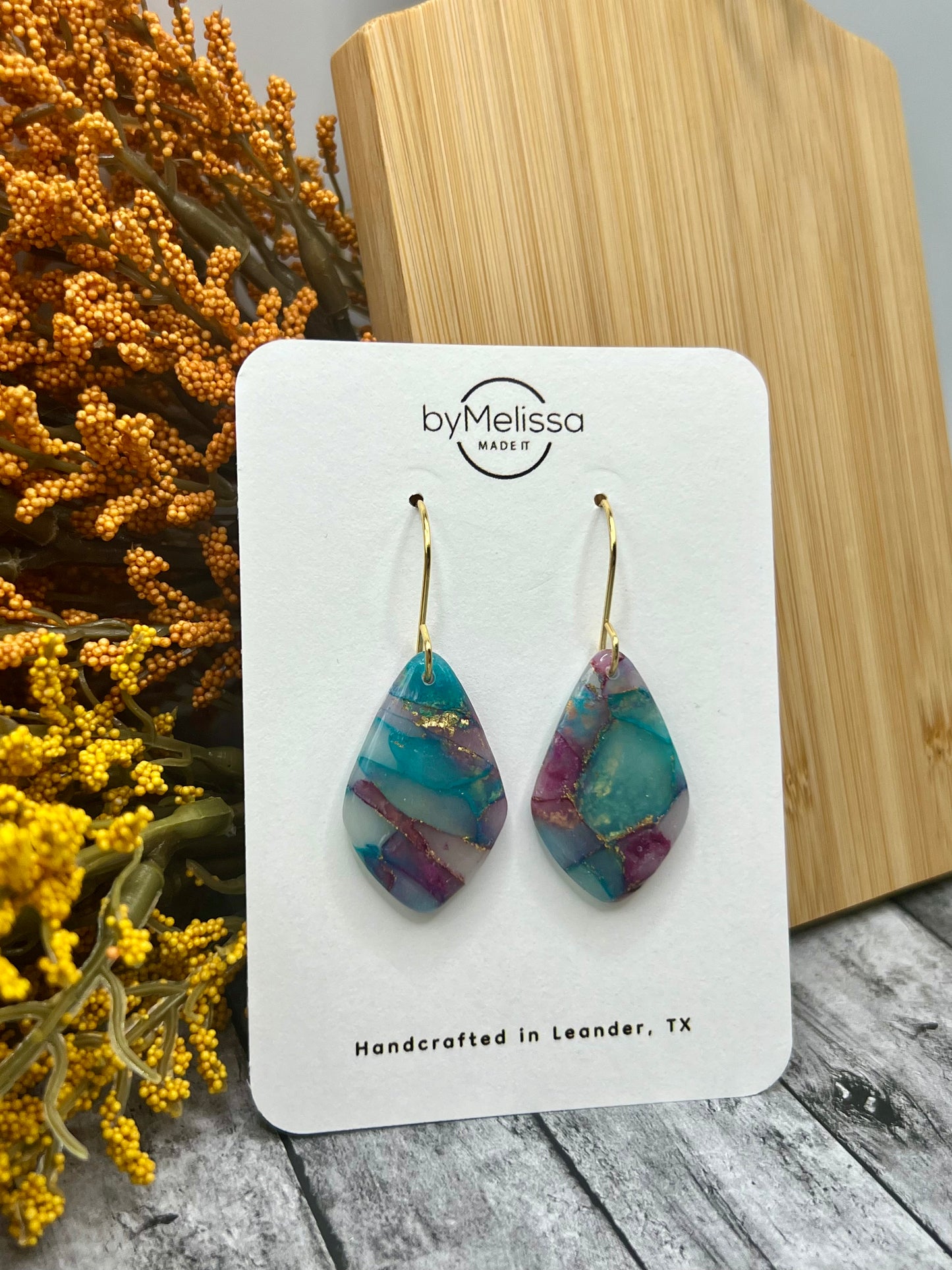Teal and Plum Small Kite Drop Earrings in Gold