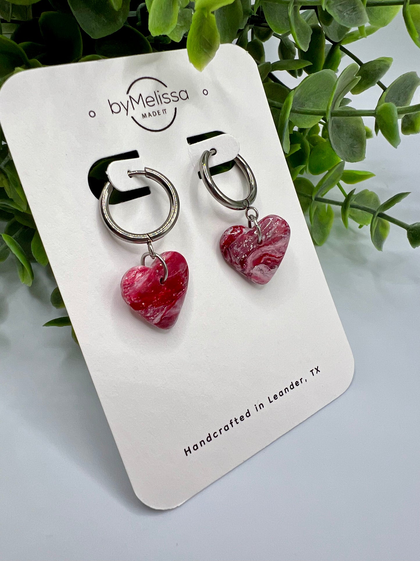 Red and White Heart Huggie Earrings