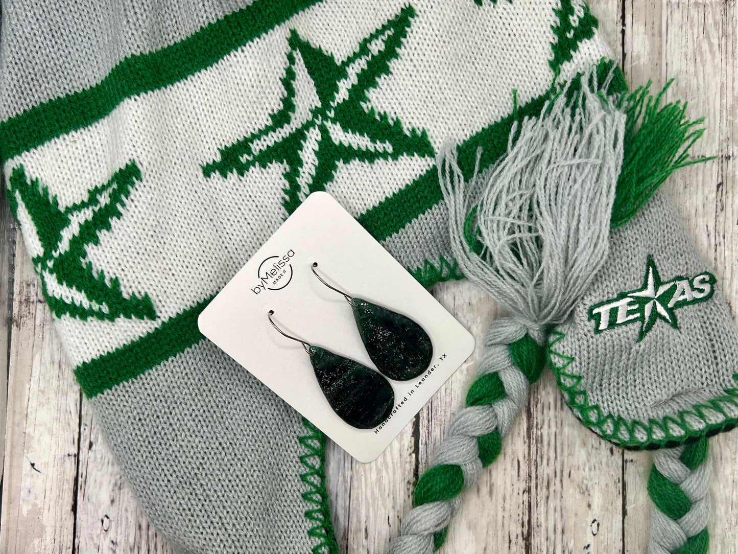 Forest Green and Black Small Teardrop Drop Earrings in Silver