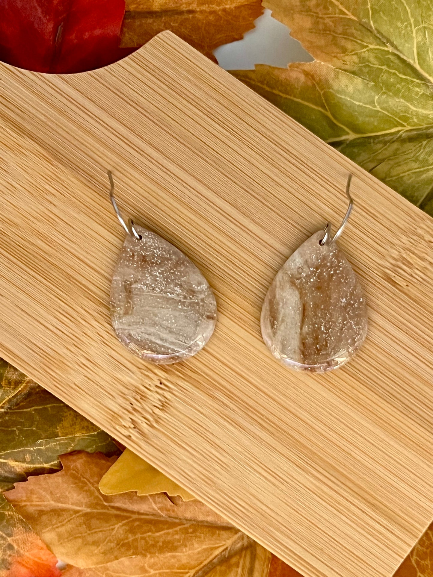 Mocha and Almond Small Wide Teardrop Drop Earrings in Silver