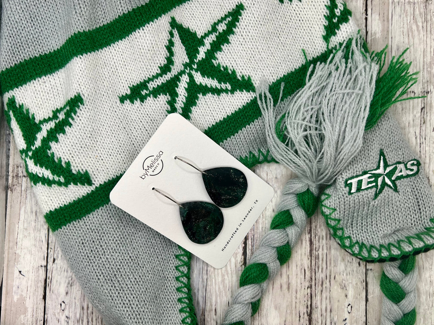 Forest Green and Black Small Wide Teardrop Drop Earrings in Silver