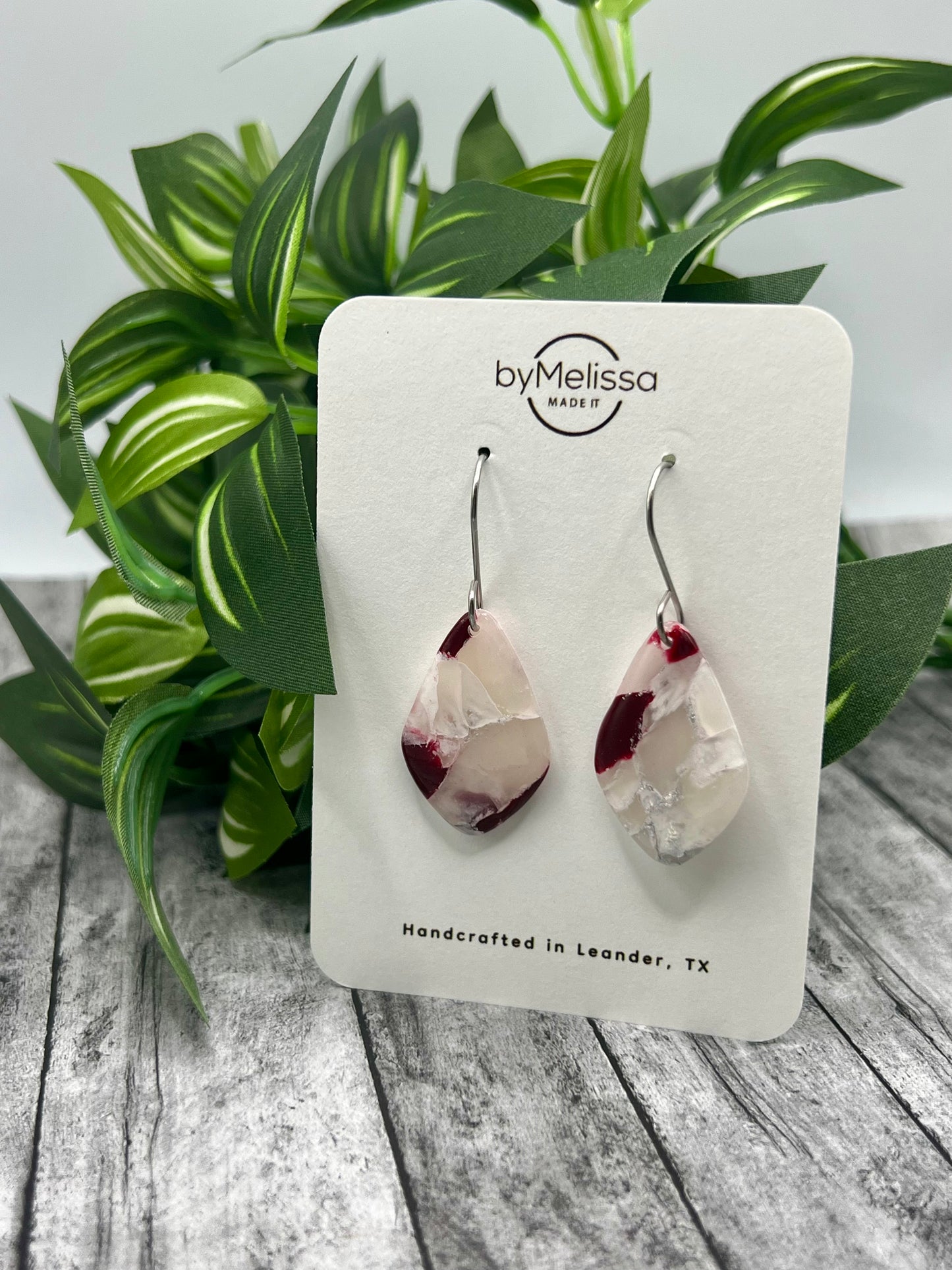 Maroon and White Small Kite Drop Earrings in Silver