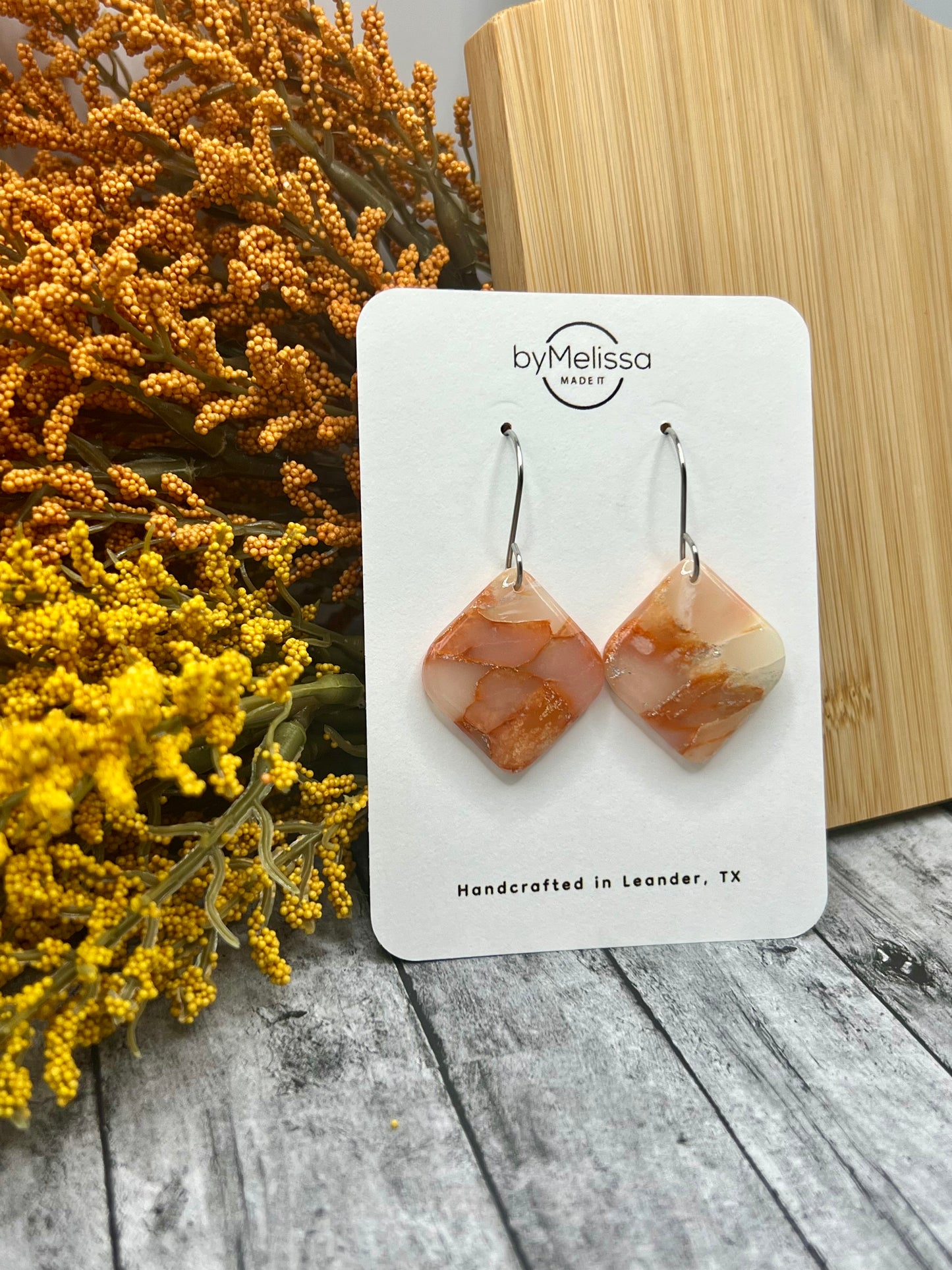 Orange and White Small Rounded Square Drop Earrings in Silver