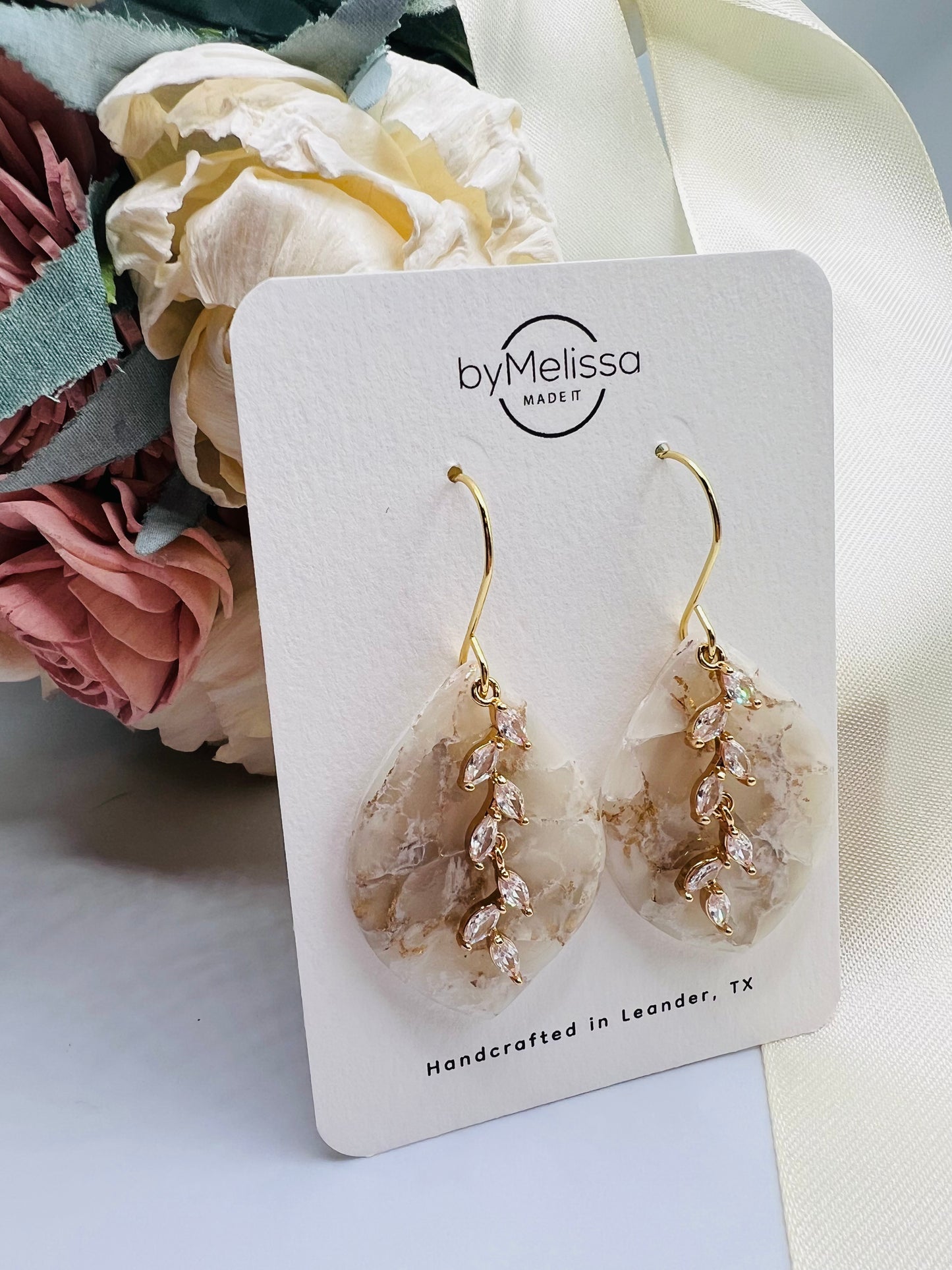 White and Gold Large Wide Leaf Drop Earring