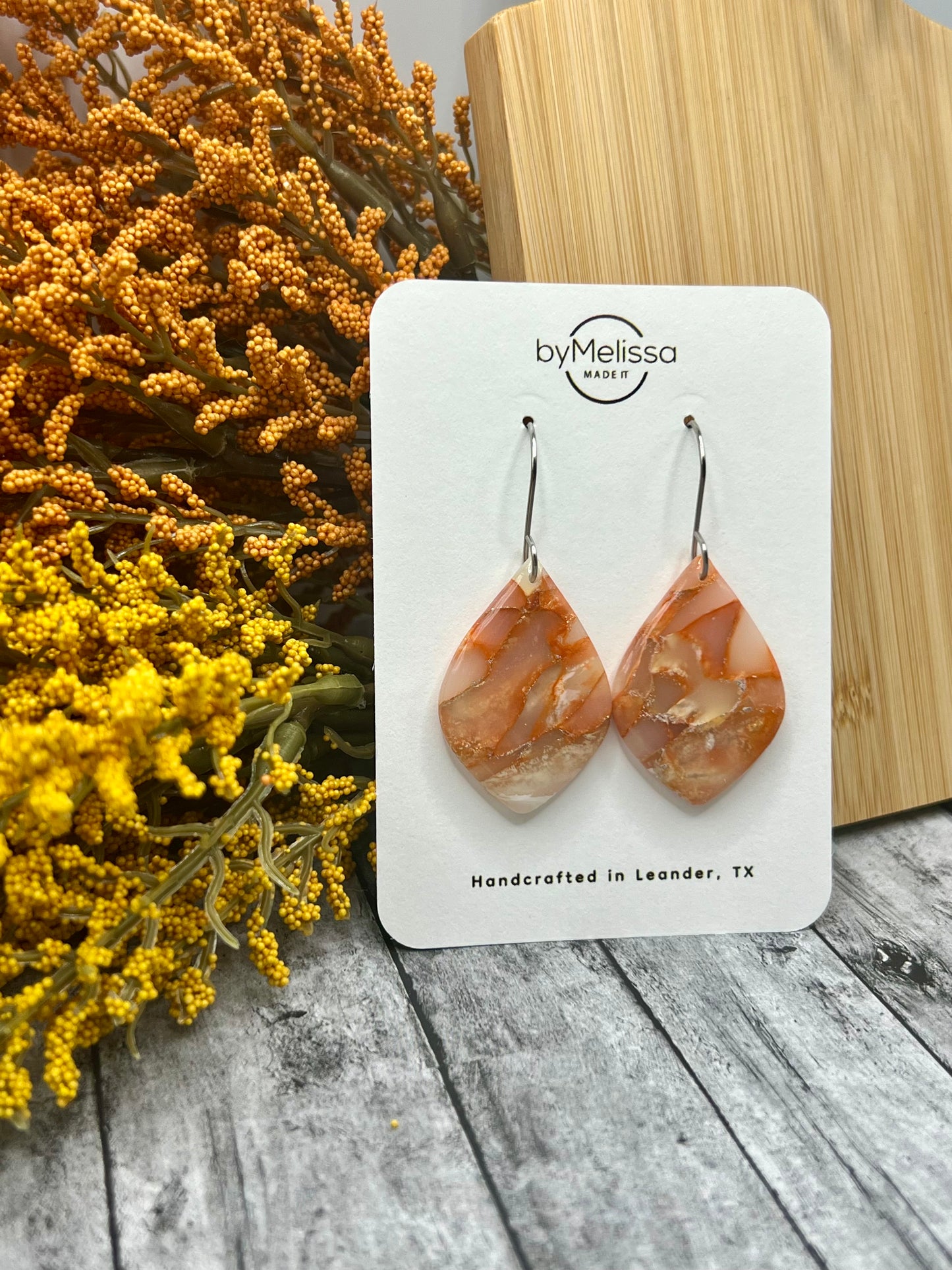 Orange and White Small Wide Leaf Drop Earrings in Silver