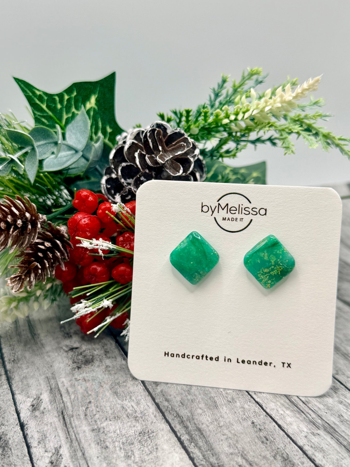 Green and Gold Rounded Square Stud Earrings