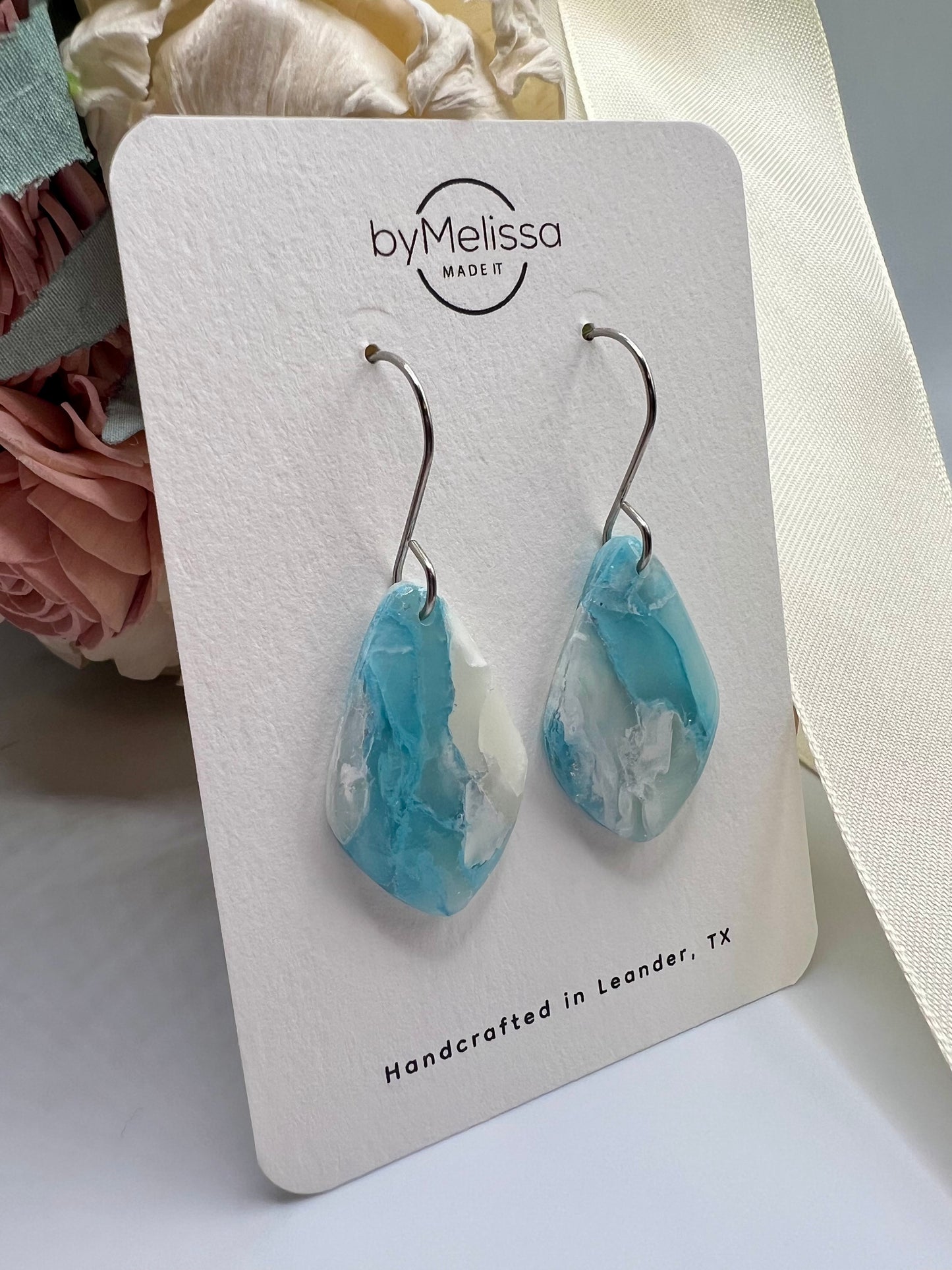 Crystal Blue and White Small Kite Drop Earrings in Silver