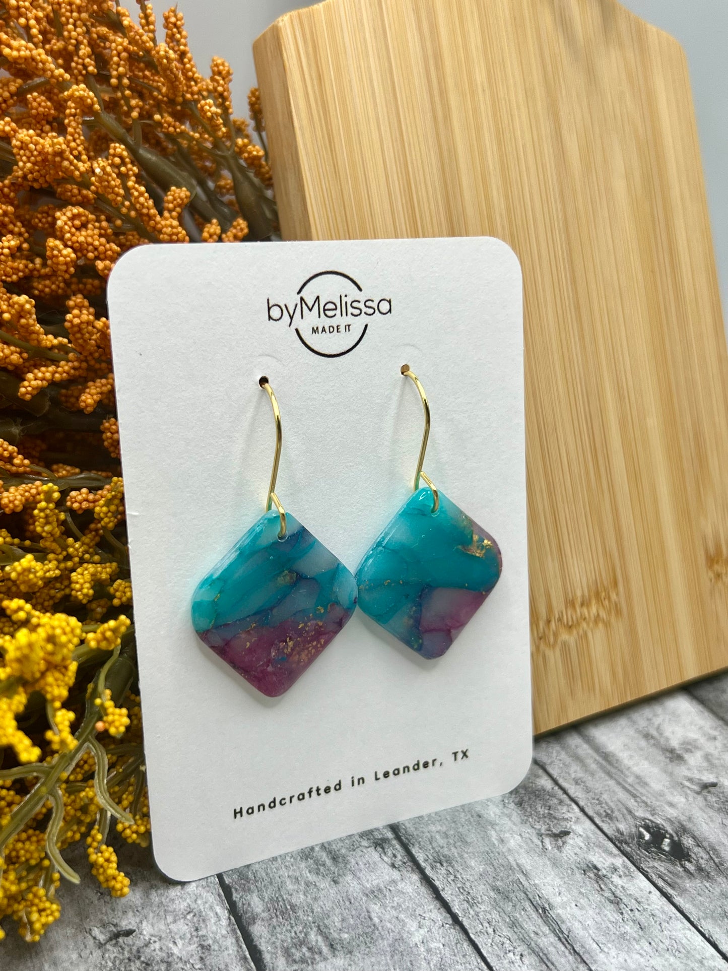 Teal and Plum Rounded Square Drop Earrings in Gold