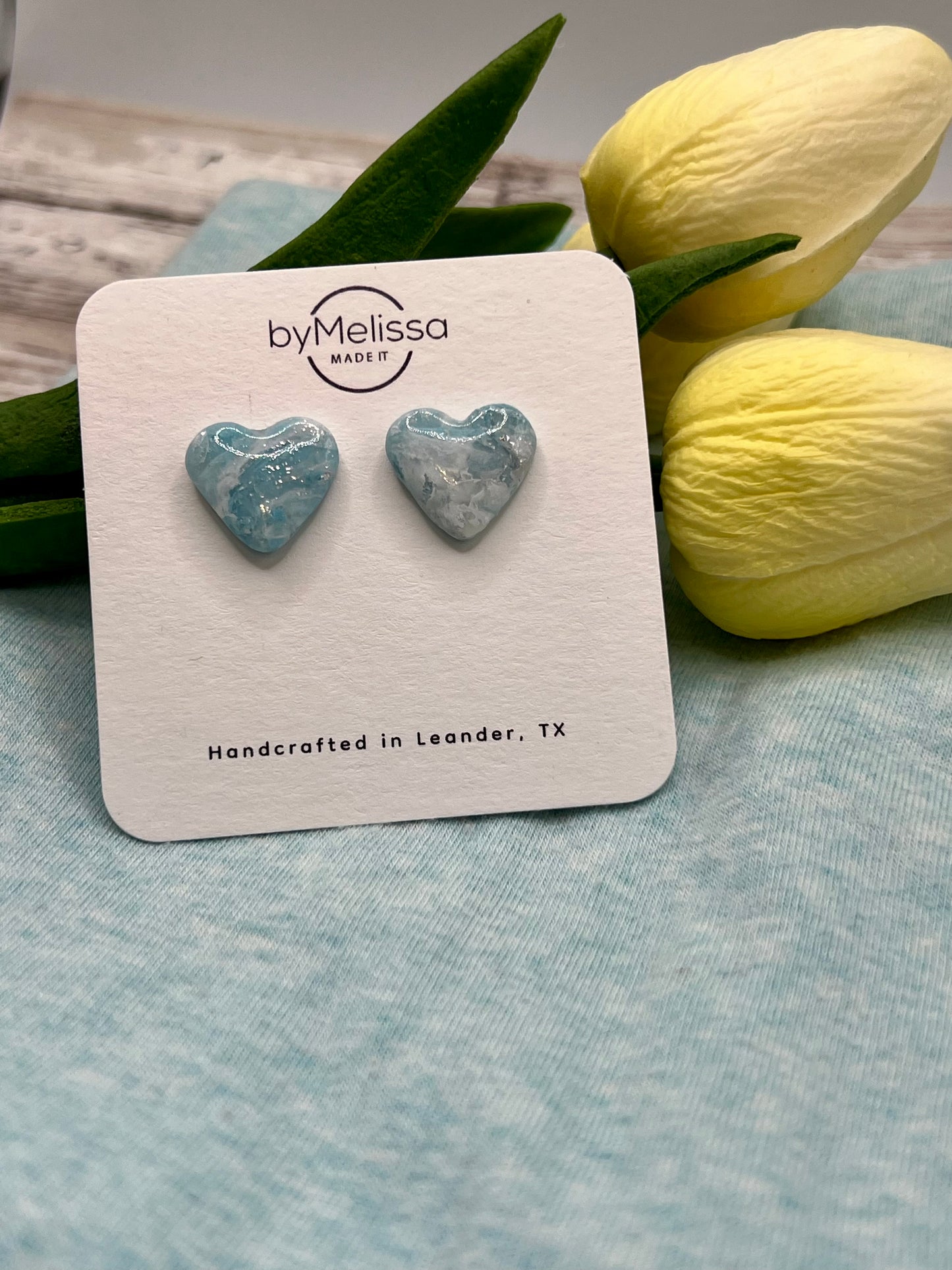 Crystal Blue and White Heart Stud Earrings