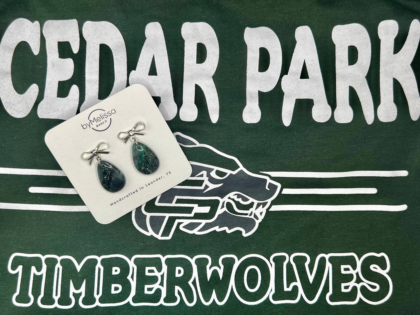 Cedar Park High School earrings, green and black CPHS spirit jewelry, Timberwolves game day accessory