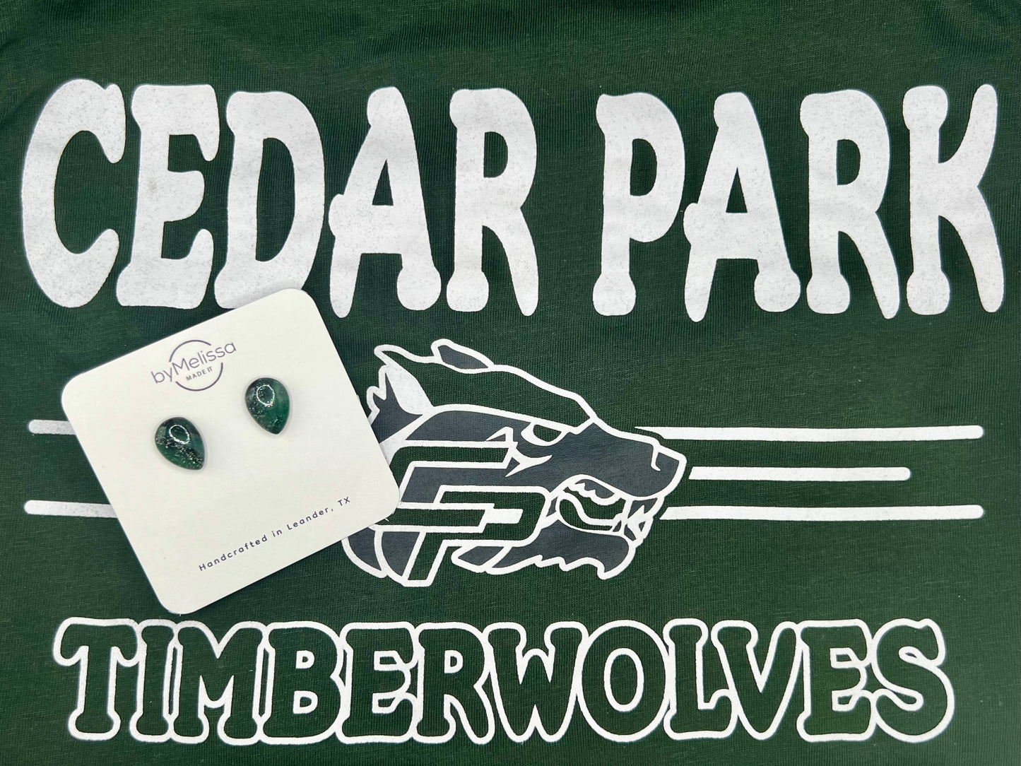 Cedar Park High School earrings, green and black CPHS spirit jewelry, Timberwolves game day accessory
