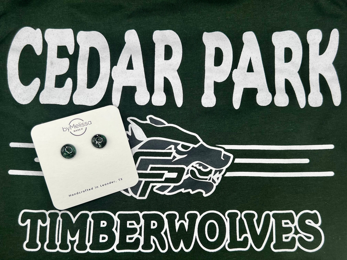 Cedar Park High School earrings, green and black CPHS spirit jewelry, Timberwolves game day accessory