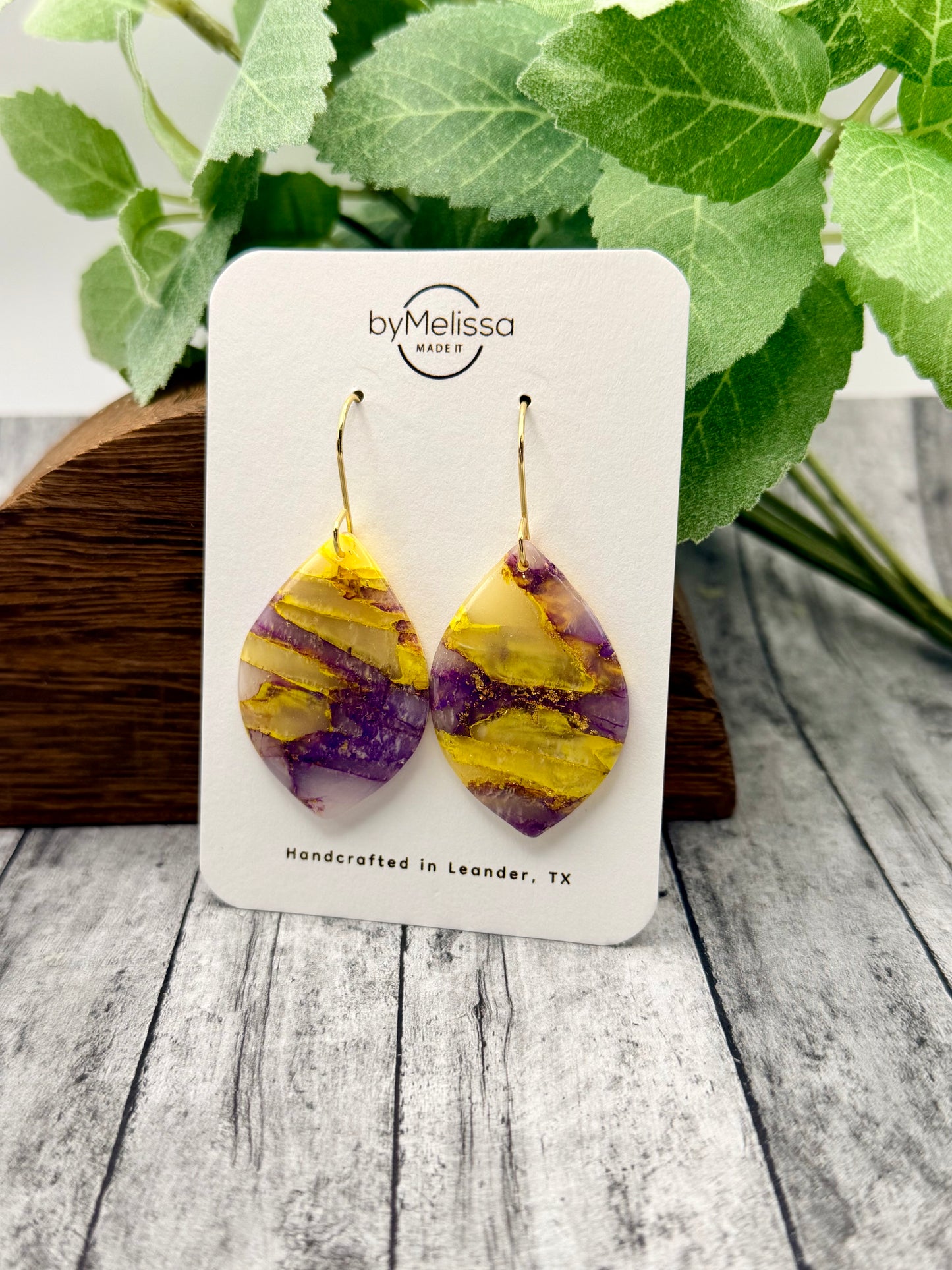 Purple and Gold Large Wide Leaf Drop Earring