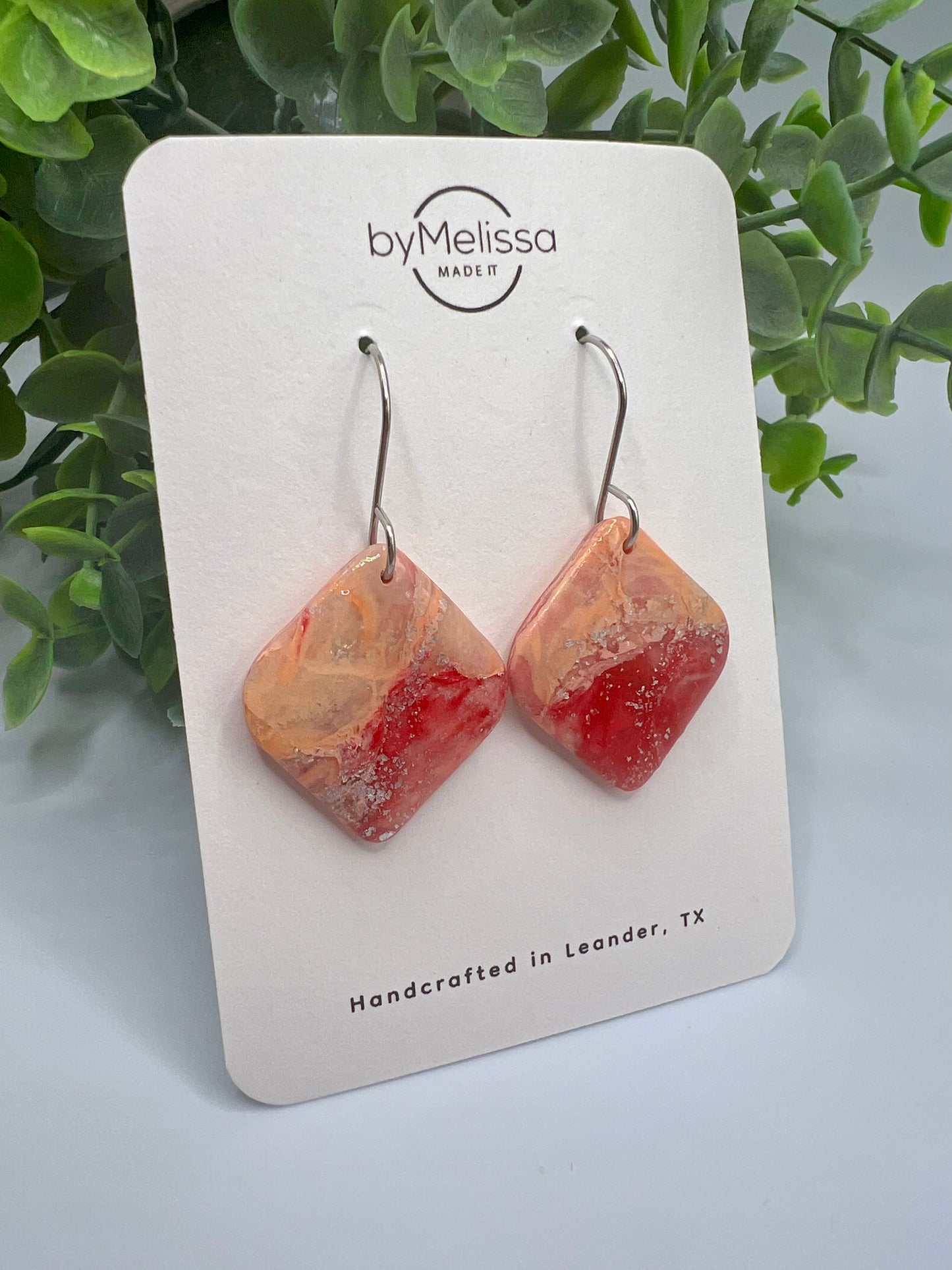Red and Orange Small Rounded Square Drop Earrings in Silver