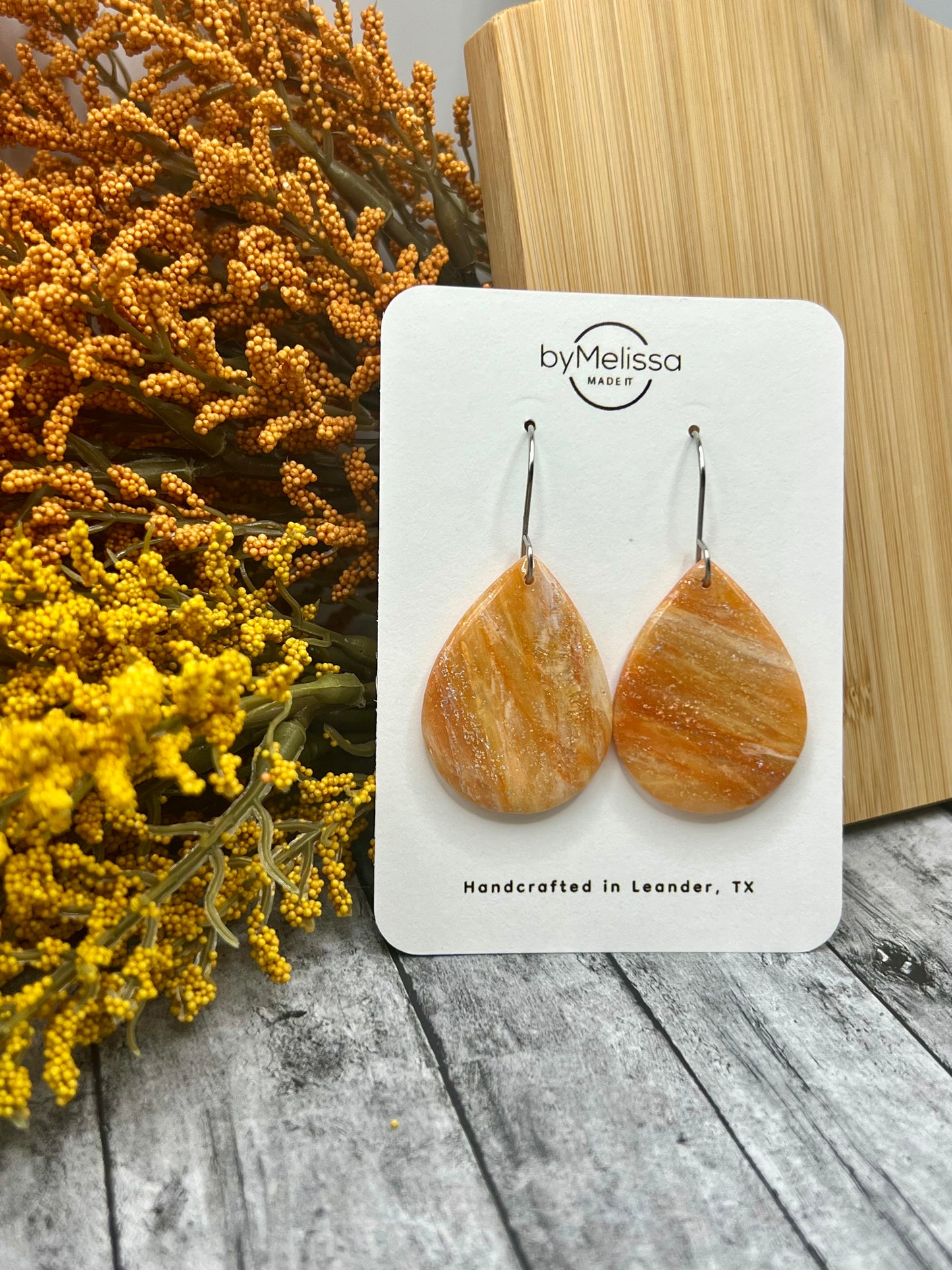 Orange and White Small Wide Teardrop Drop Earrings in Silver