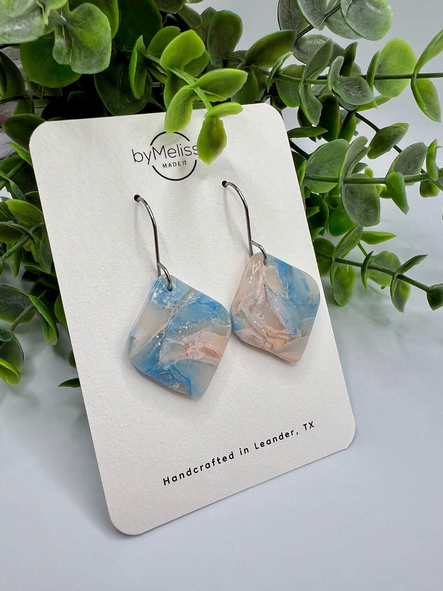 Blue and Light Pink Small Rounded Square Drop Earrings in Silver