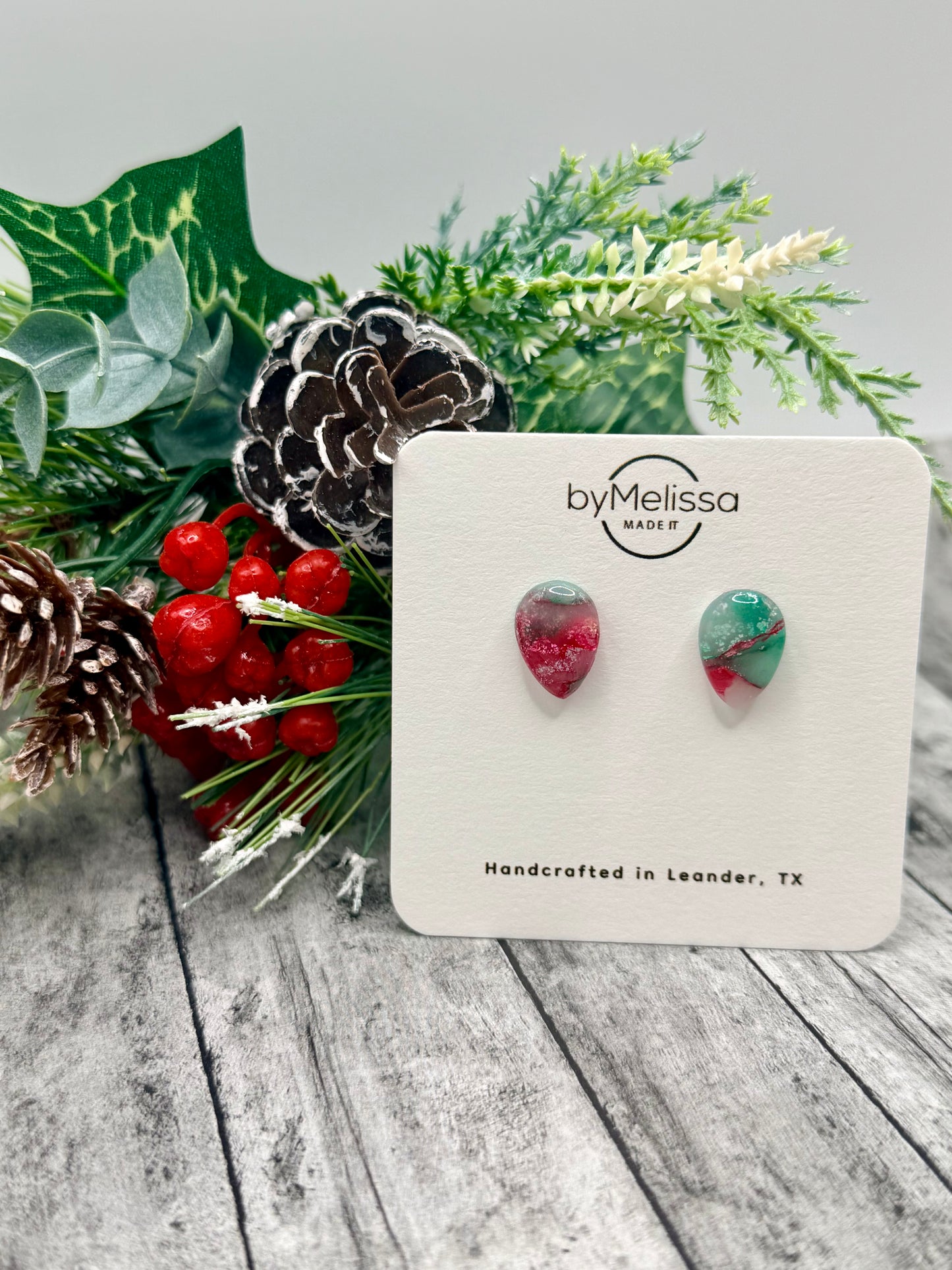 Red and Green Teardrop Stud Earrings
