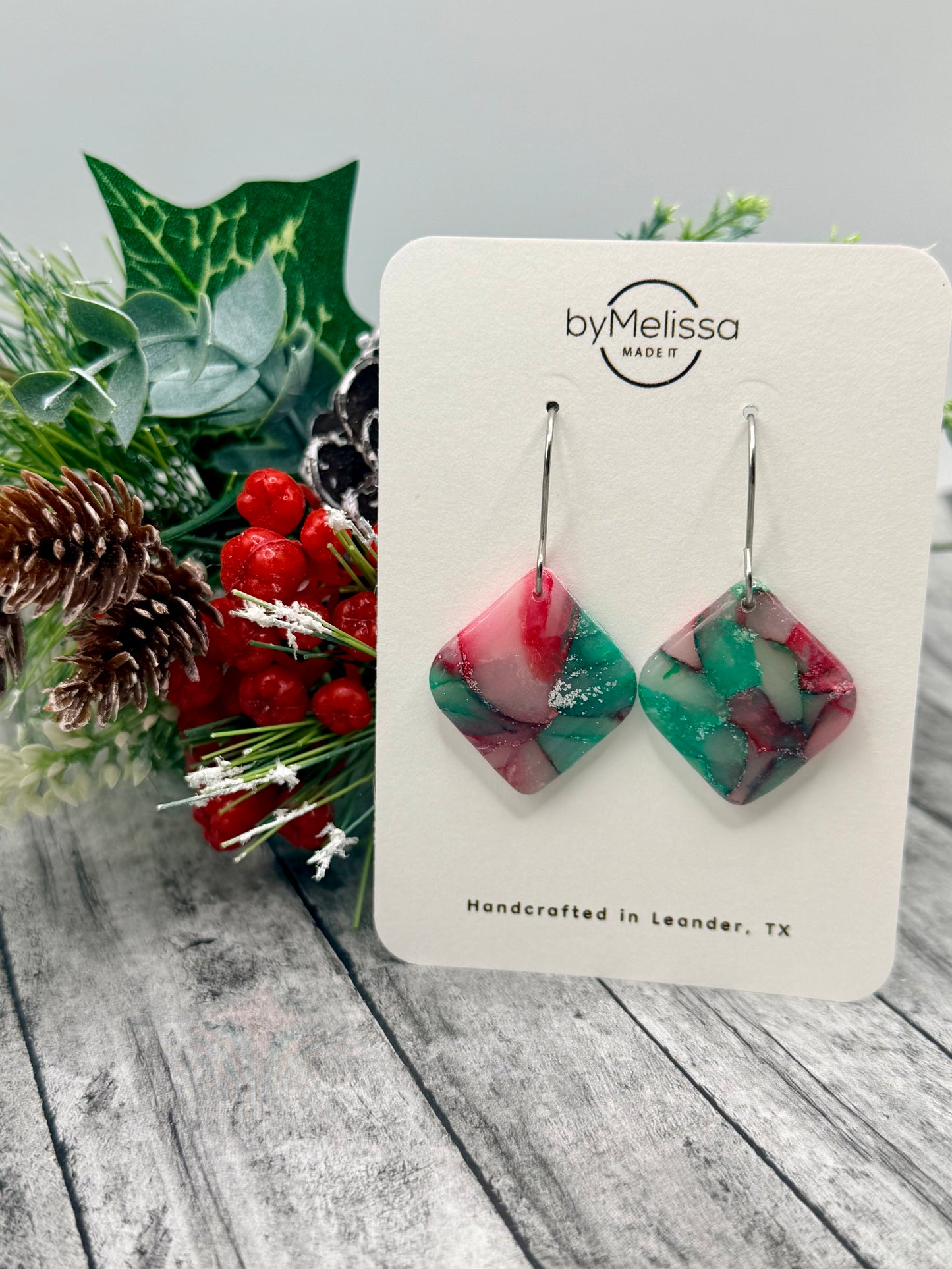 Red and Green Small Rounded Square Drop Earrings in Silver