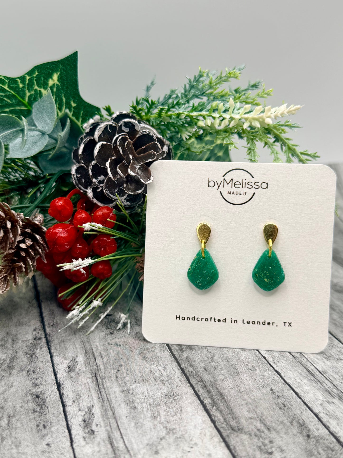 Green and Gold Mini Kite Gold Teardrop Stud Earrings