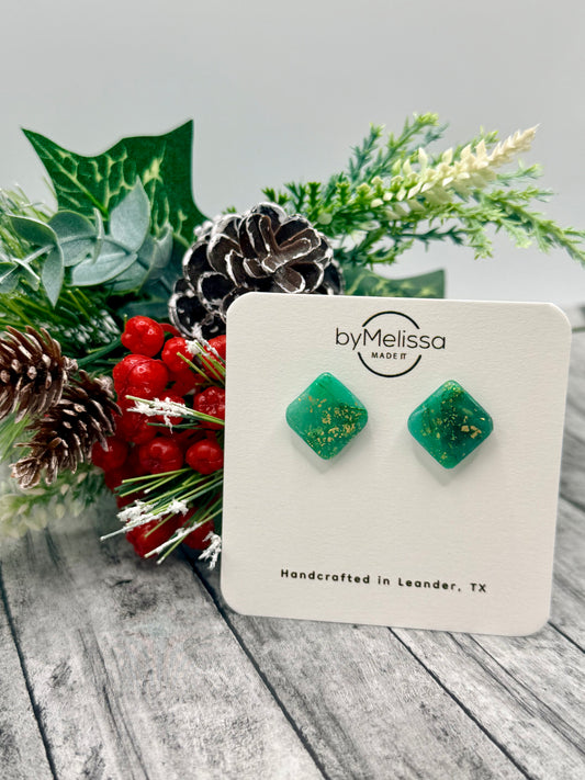 Green and Gold Rounded Square Stud Earrings