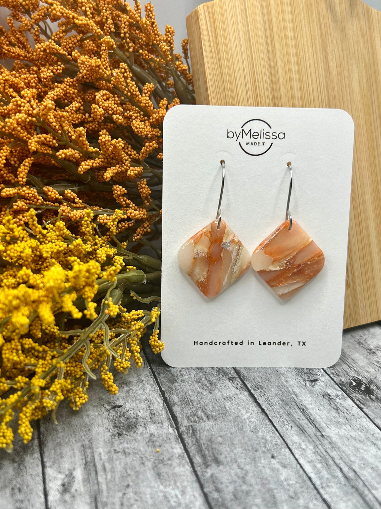 Orange and White Small Rounded Square Drop Earrings in Silver