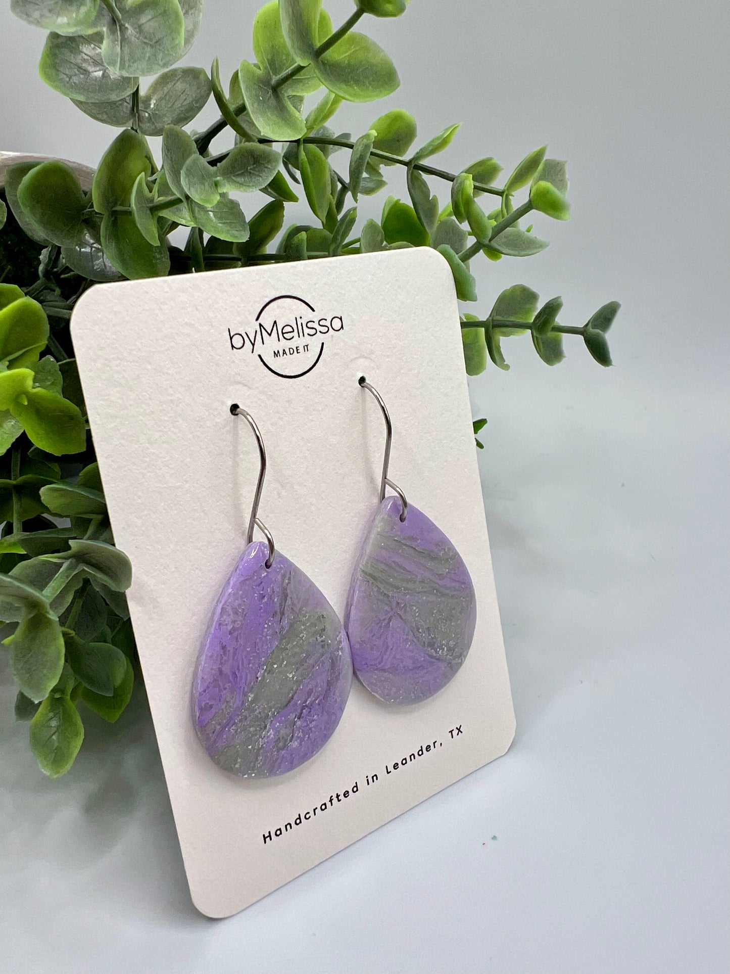 Purple and Green Small Wide Teardrop Drop Earrings in Silver