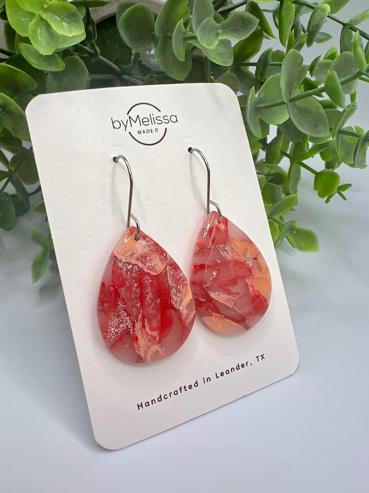 Red and Orange Small Wide Teardrop Drop Earrings in Silver