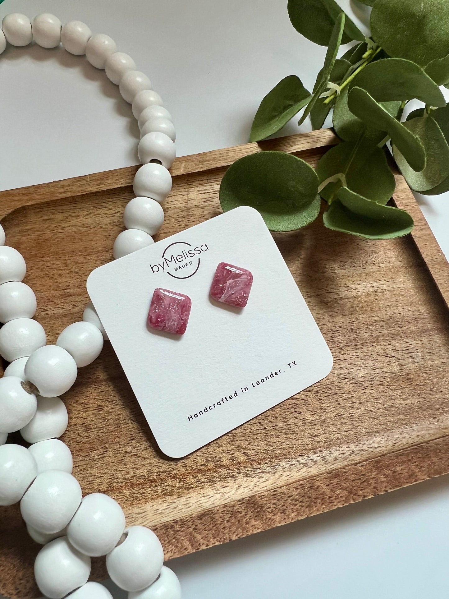 Maroon, Pink, and White Rounded Square Stud Earrings
