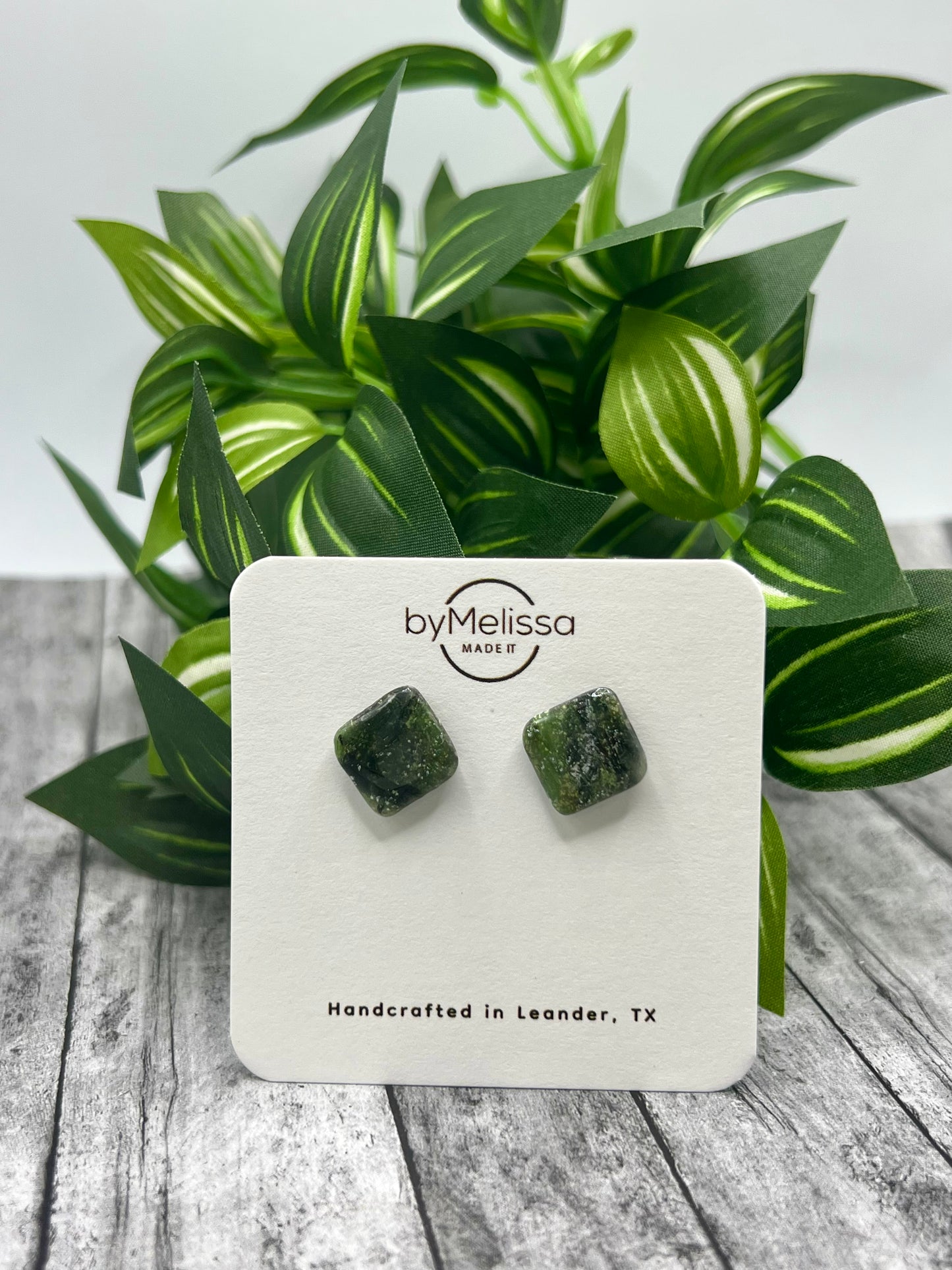 Army Green and Black Rounded Square Stud Earrings