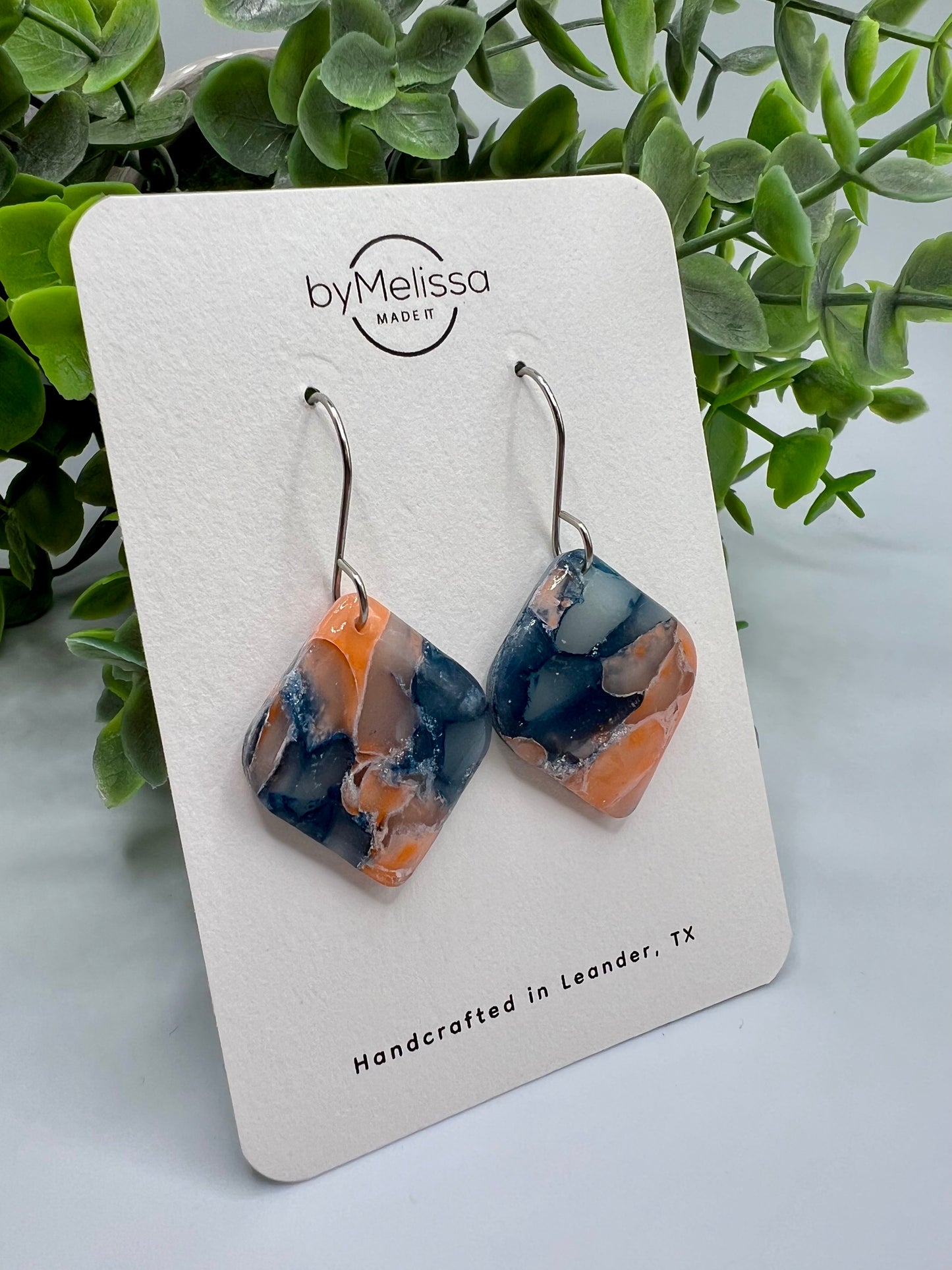 Navy and Peach Small Rounded Square Drop Earrings in Silver