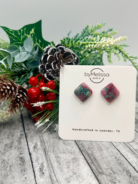 Red and Green Rounded Square Stud Earrings
