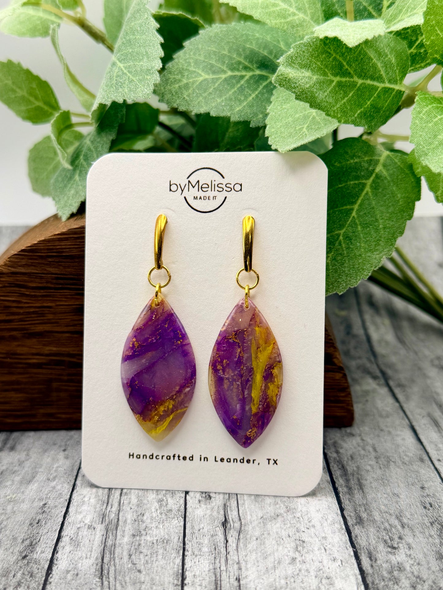 Purple and Gold Traditional Leaf Earring with Gold Bar Stud