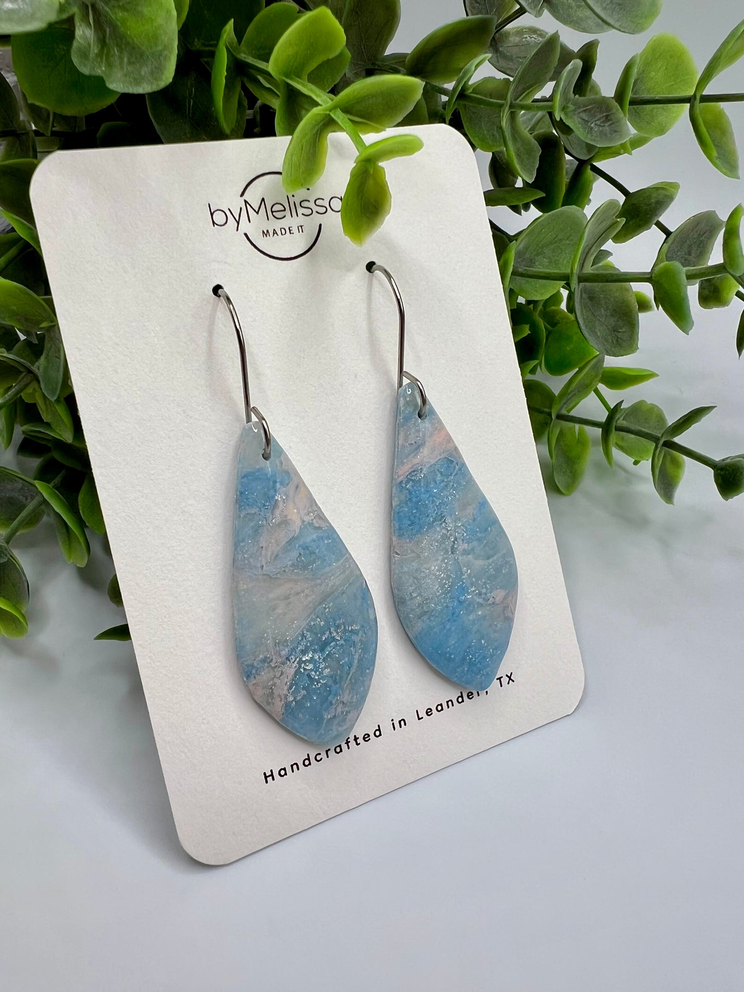Blue and Light Pink Small Elongated Kite Drop Earrings in Silver