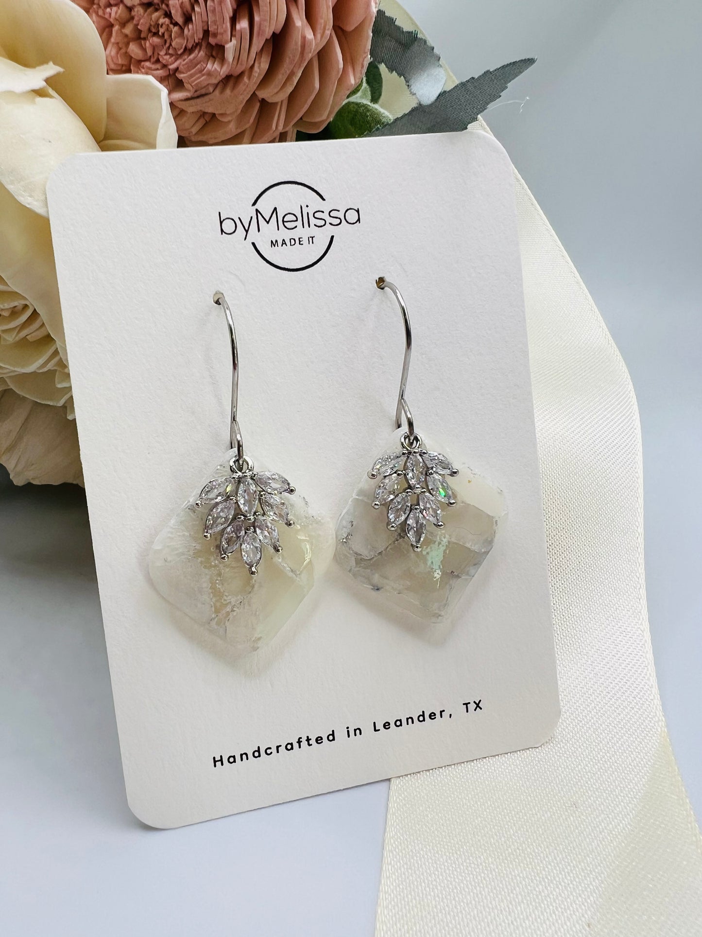 White and Silver Rounded Square Drop Earrings