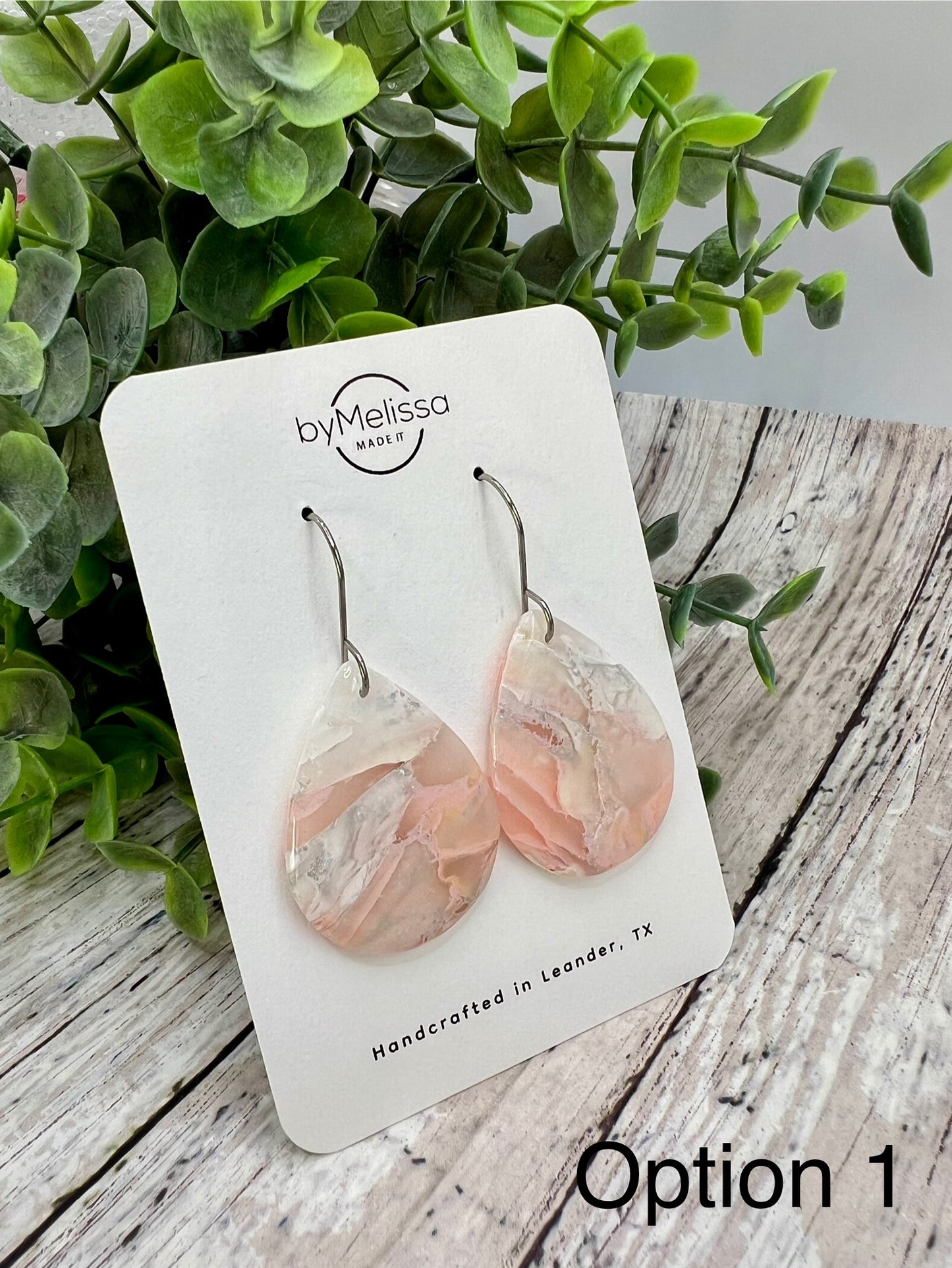 Blush Pink and White Small Wide Teardrop Drop Earrings in Silver
