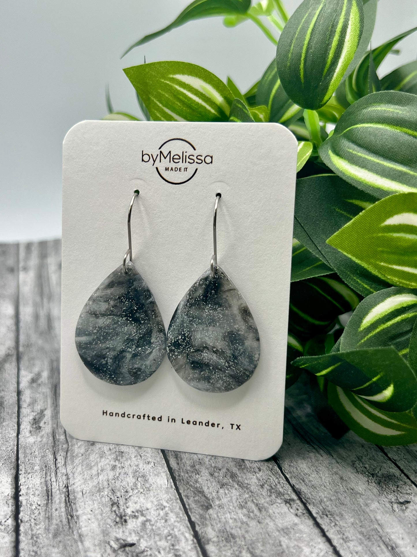 Black and White Small Wide Teardrop Drop Earrings in Silver